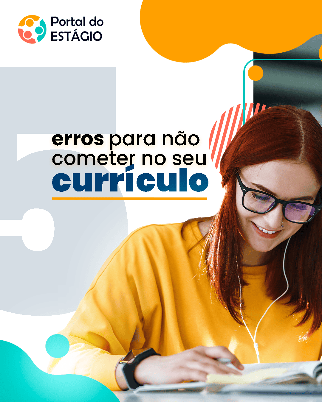 Mulher jovem escrevendo em livros, Atrás dela lê-se 5 erros para não cometer no seu currículo