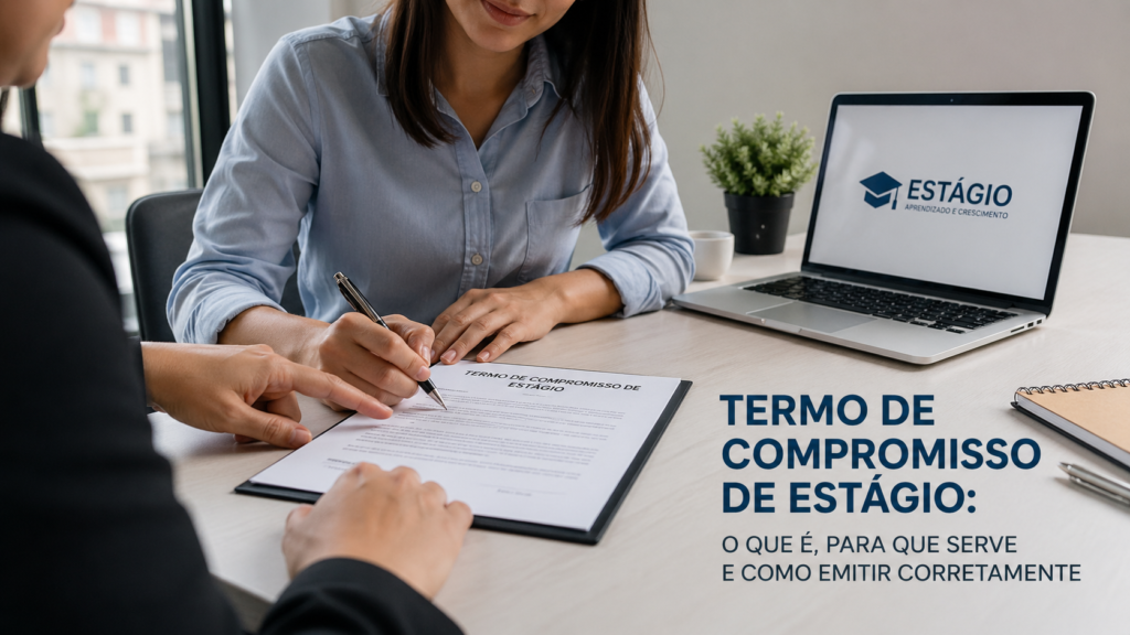 Documento de Termo de Compromisso de Estágio assinado sobre mesa de escritório