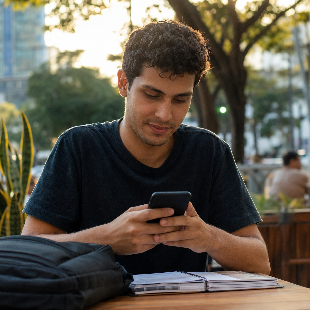 Estudante buscando vagas de estágio em Goiânia pelo celular